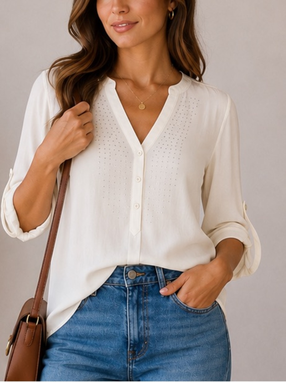 Elegant Ivory Rhinestone Accent Roll Sleeve Blouse 2X